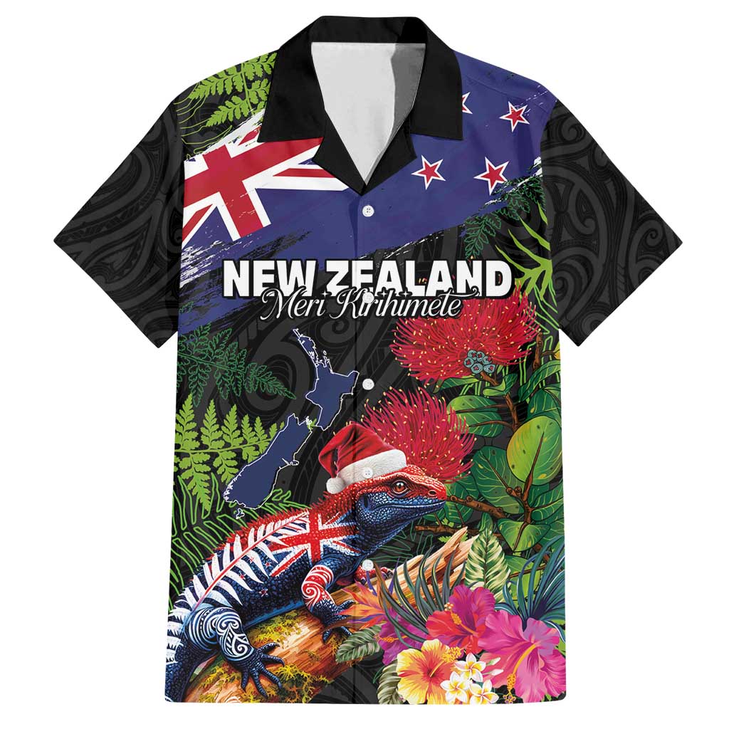 New Zealand Christmas Family Matching Tank Maxi Dress and Hawaiian Shirt Meri Kirihimete-Tuatara and Pohutukawa Black Color LT03 Dad's Shirt - Short Sleeve Black - Polynesian Pride