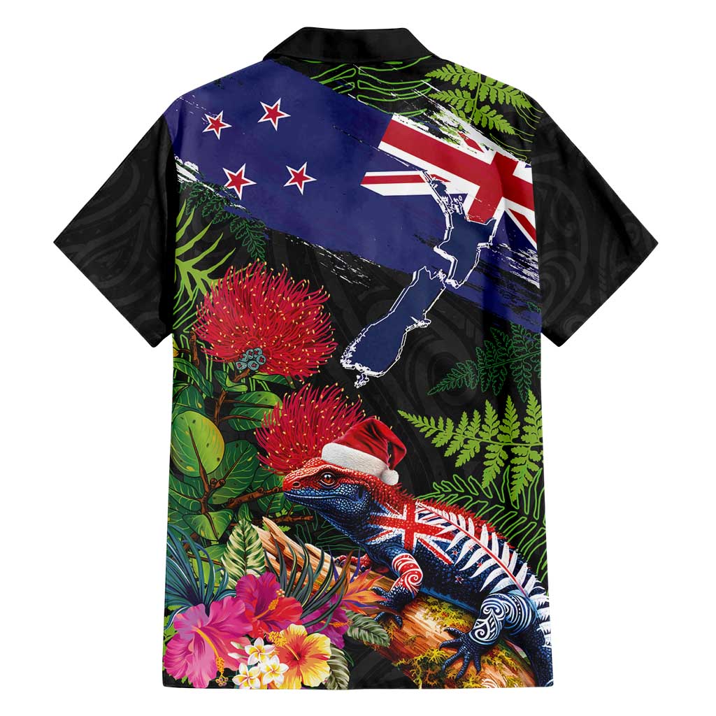 New Zealand Christmas Family Matching Tank Maxi Dress and Hawaiian Shirt Meri Kirihimete-Tuatara and Pohutukawa Black Color LT03 - Polynesian Pride