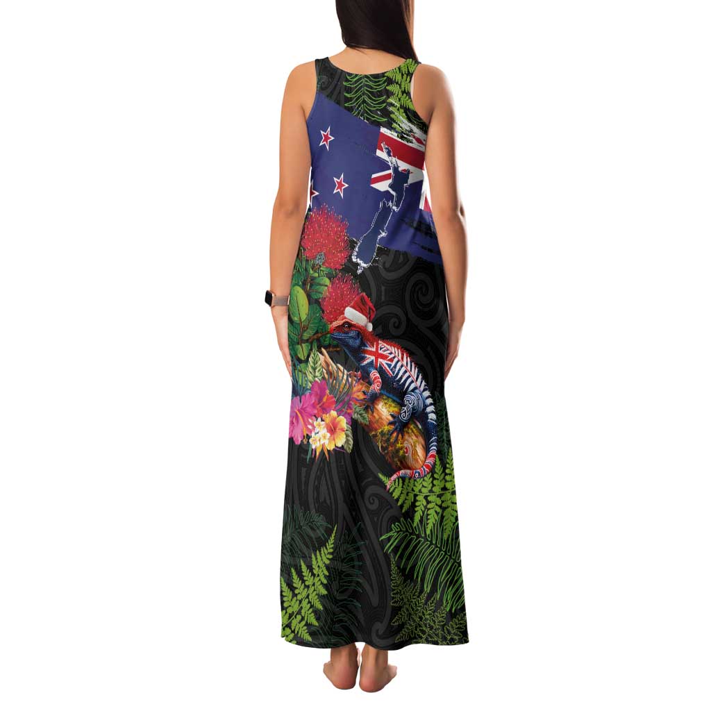 New Zealand Christmas Family Matching Tank Maxi Dress and Hawaiian Shirt Meri Kirihimete-Tuatara and Pohutukawa Black Color LT03 - Polynesian Pride