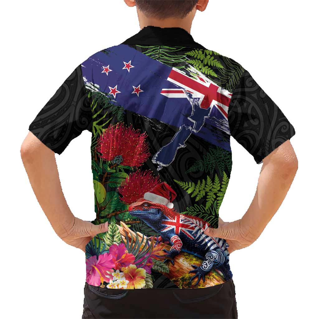 New Zealand Christmas Hawaiian Shirt Meri Kirihimete-Tuatara and Pohutukawa Black Color LT03 - Polynesian Pride