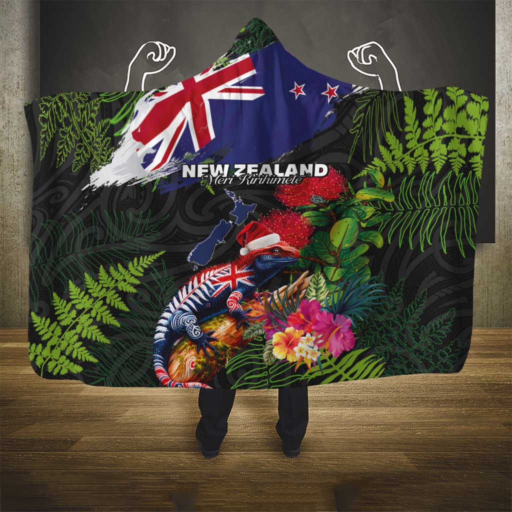 New Zealand Christmas Hooded Blanket Meri Kirihimete-Tuatara and Pohutukawa Black Color LT03 - Polynesian Pride
