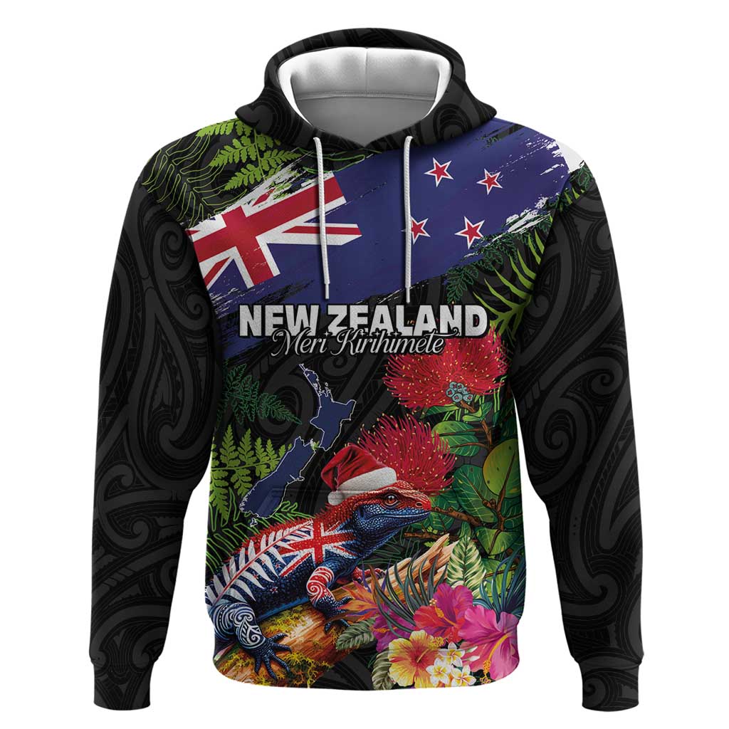 New Zealand Christmas Hoodie Meri Kirihimete-Tuatara and Pohutukawa Black Color LT03 Pullover Hoodie Black - Polynesian Pride