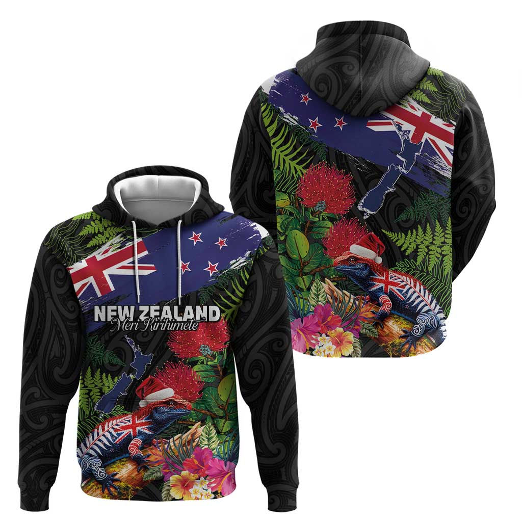 New Zealand Christmas Hoodie Meri Kirihimete-Tuatara and Pohutukawa Black Color LT03 - Polynesian Pride
