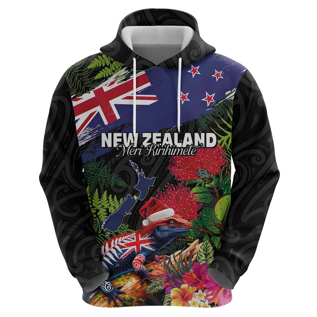 New Zealand Christmas Hoodie Meri Kirihimete-Tuatara and Pohutukawa Black Color LT03 - Polynesian Pride