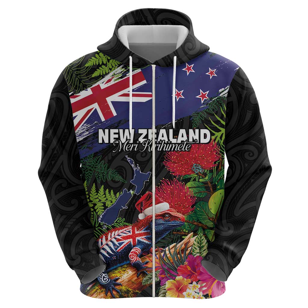New Zealand Christmas Hoodie Meri Kirihimete-Tuatara and Pohutukawa Black Color LT03 - Polynesian Pride