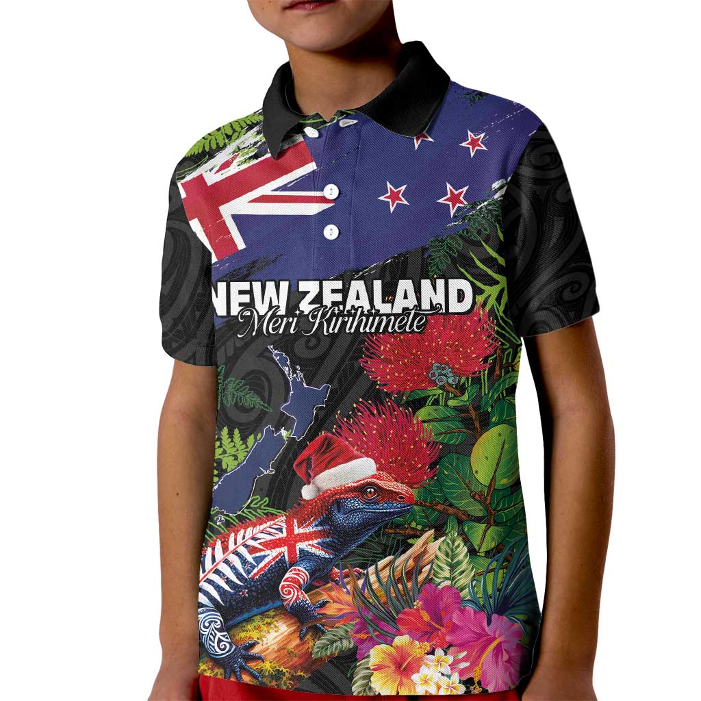 New Zealand Christmas Kid Polo Shirt Meri Kirihimete-Tuatara and Pohutukawa Black Color LT03 Kid Black - Polynesian Pride