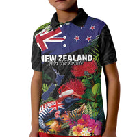 New Zealand Christmas Kid Polo Shirt Meri Kirihimete-Tuatara and Pohutukawa Black Color LT03 Kid Black - Polynesian Pride