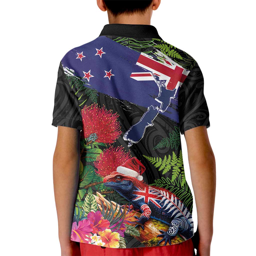 New Zealand Christmas Kid Polo Shirt Meri Kirihimete-Tuatara and Pohutukawa Black Color LT03 - Polynesian Pride