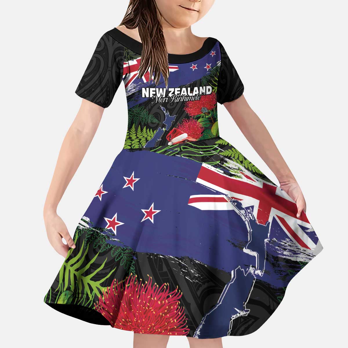 New Zealand Christmas Kid Short Sleeve Dress Meri Kirihimete-Tuatara and Pohutukawa Black Color