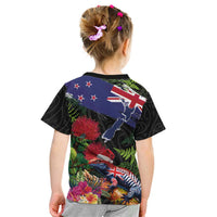 New Zealand Christmas Kid T Shirt Meri Kirihimete-Tuatara and Pohutukawa Black Color LT03 - Polynesian Pride