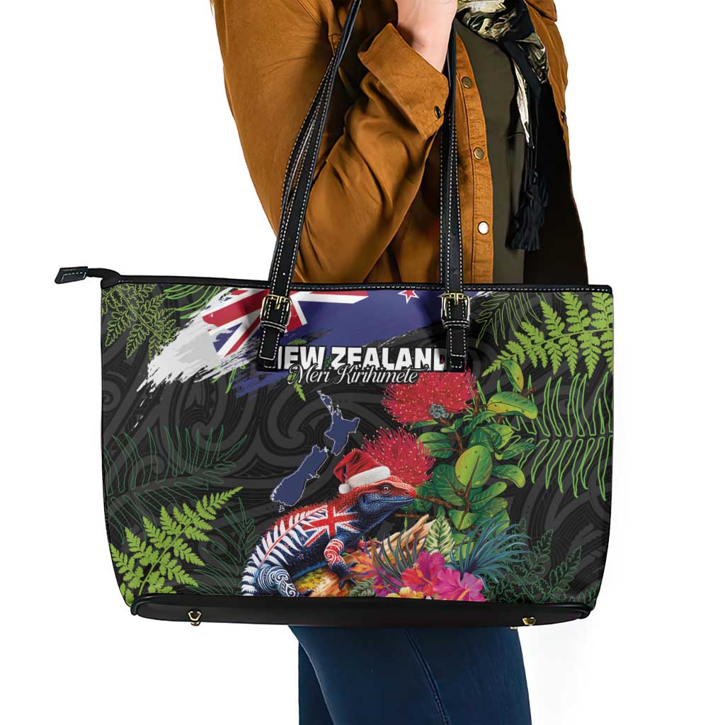 New Zealand Christmas Leather Tote Bag Meri Kirihimete-Tuatara and Pohutukawa Black Color LT03 - Polynesian Pride