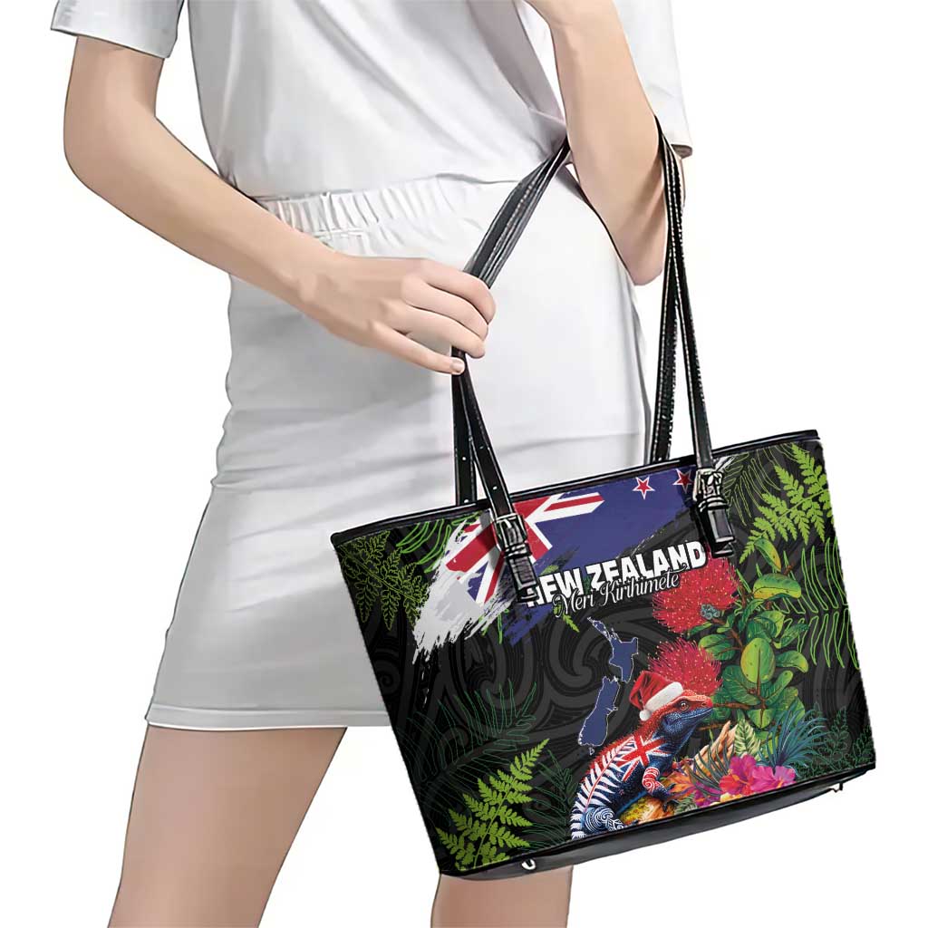 New Zealand Christmas Leather Tote Bag Meri Kirihimete-Tuatara and Pohutukawa Black Color LT03 - Polynesian Pride