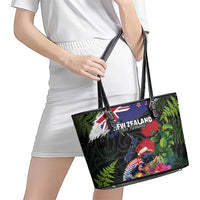 New Zealand Christmas Leather Tote Bag Meri Kirihimete-Tuatara and Pohutukawa Black Color LT03 - Polynesian Pride