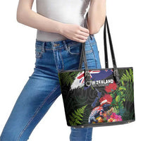 New Zealand Christmas Leather Tote Bag Meri Kirihimete-Tuatara and Pohutukawa Black Color LT03 - Polynesian Pride
