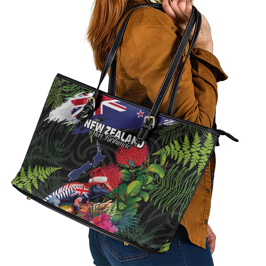 New Zealand Christmas Leather Tote Bag Meri Kirihimete-Tuatara and Pohutukawa Black Color LT03 - Polynesian Pride
