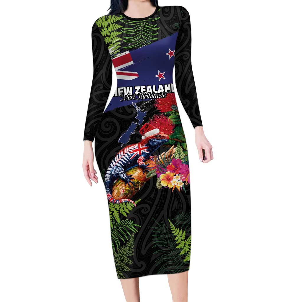 New Zealand Christmas Long Sleeve Bodycon Dress Meri Kirihimete-Tuatara and Pohutukawa Black Color LT03 Long Dress Black - Polynesian Pride