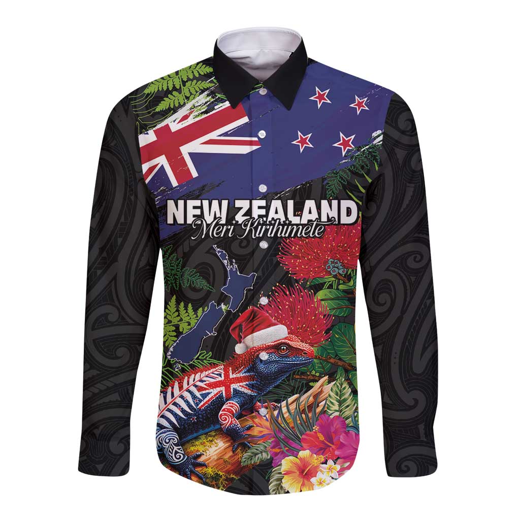 New Zealand Christmas Long Sleeve Button Shirt Meri Kirihimete-Tuatara and Pohutukawa Black Color LT03 Unisex Black - Polynesian Pride
