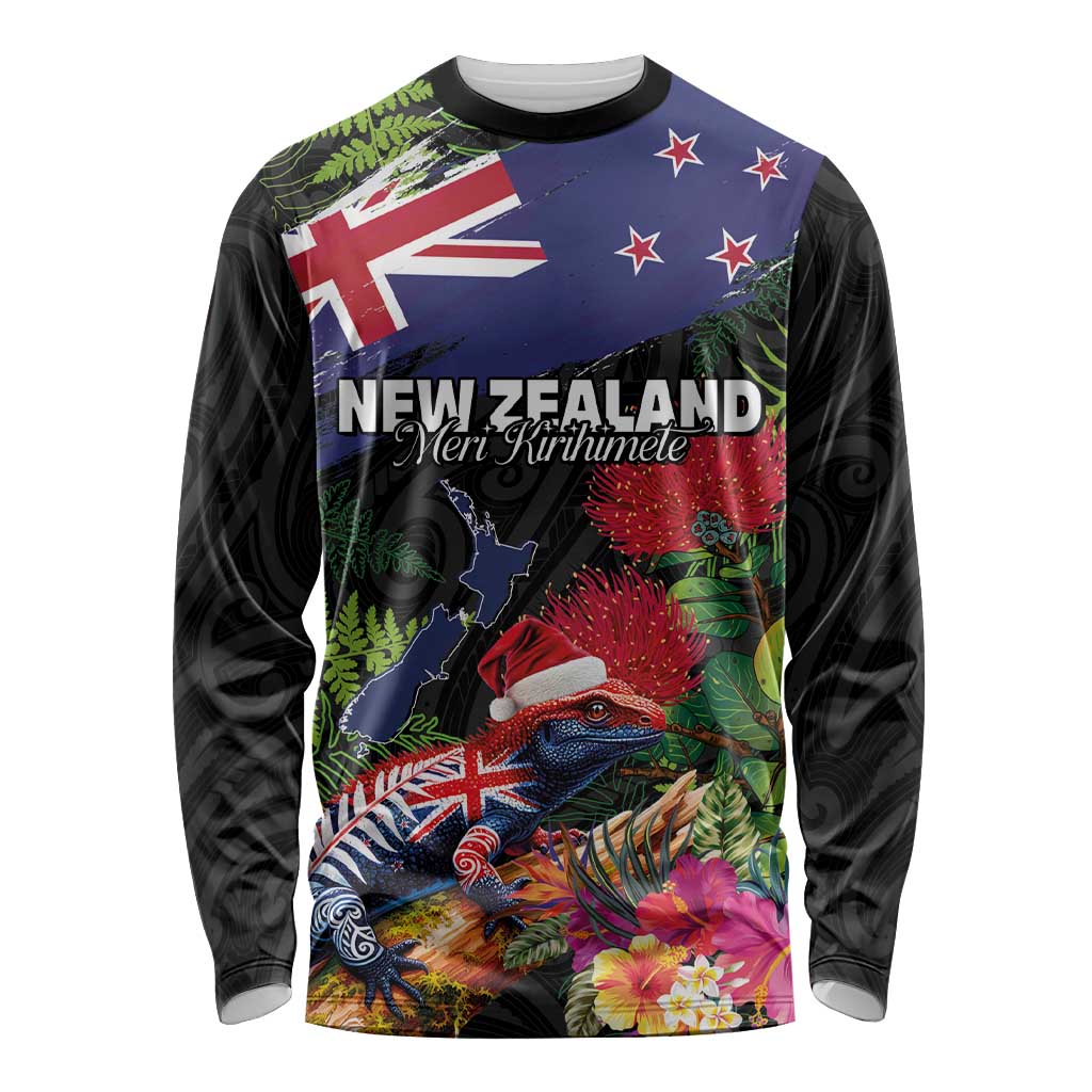 New Zealand Christmas Long Sleeve Shirt Meri Kirihimete-Tuatara and Pohutukawa Black Color LT03 Unisex Black - Polynesian Pride