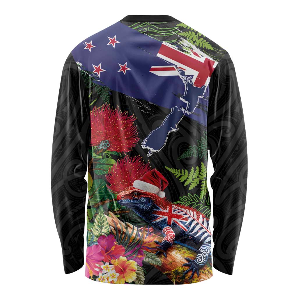 New Zealand Christmas Long Sleeve Shirt Meri Kirihimete-Tuatara and Pohutukawa Black Color LT03 - Polynesian Pride