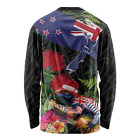 New Zealand Christmas Long Sleeve Shirt Meri Kirihimete-Tuatara and Pohutukawa Black Color LT03 - Polynesian Pride