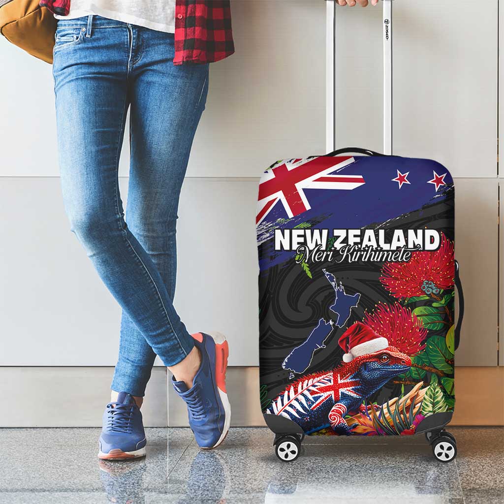 New Zealand Christmas Luggage Cover Meri Kirihimete-Tuatara and Pohutukawa Black Color LT03 - Polynesian Pride