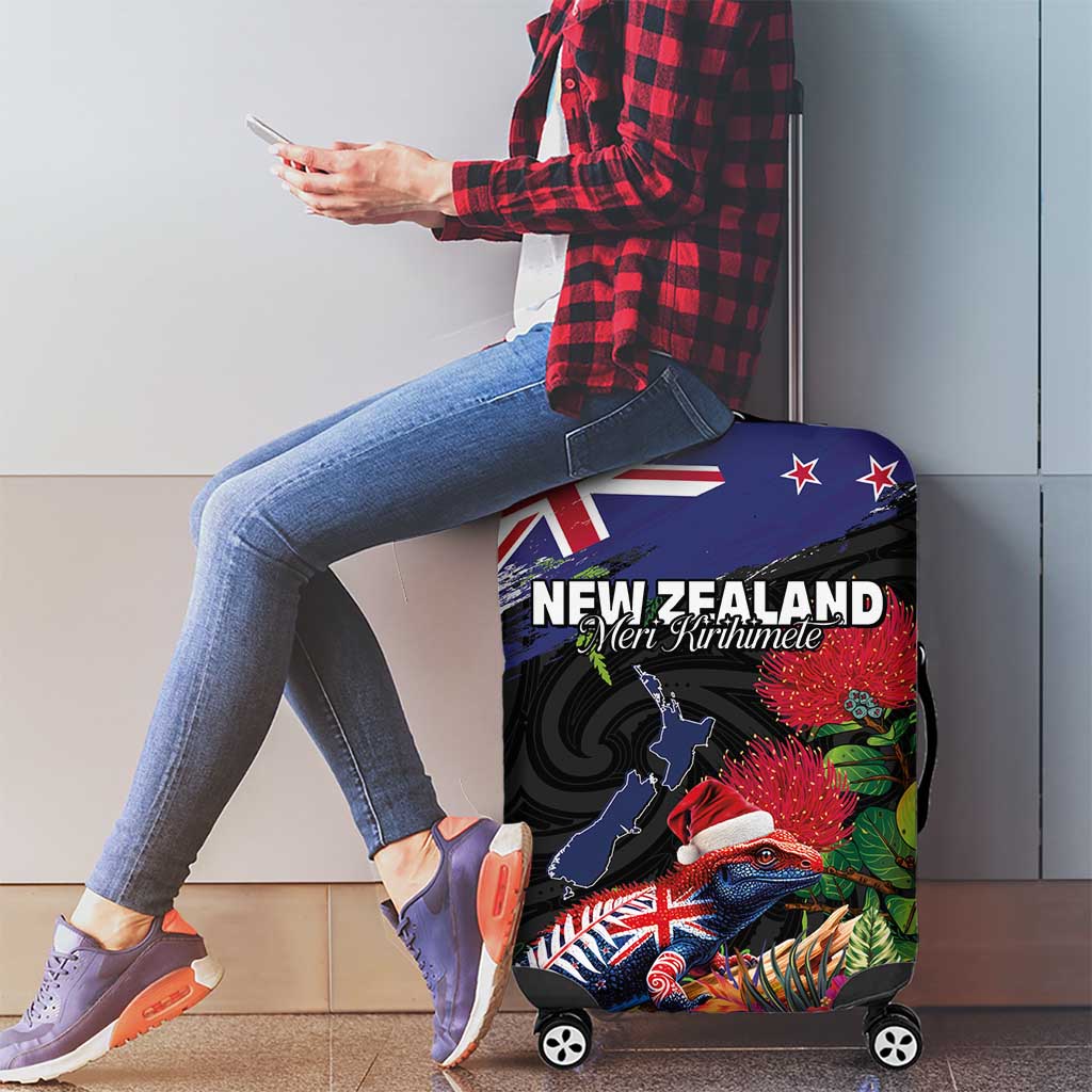 New Zealand Christmas Luggage Cover Meri Kirihimete-Tuatara and Pohutukawa Black Color LT03 - Polynesian Pride