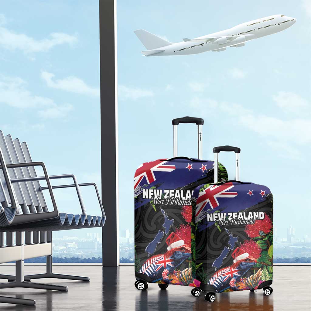New Zealand Christmas Luggage Cover Meri Kirihimete-Tuatara and Pohutukawa Black Color LT03 - Polynesian Pride