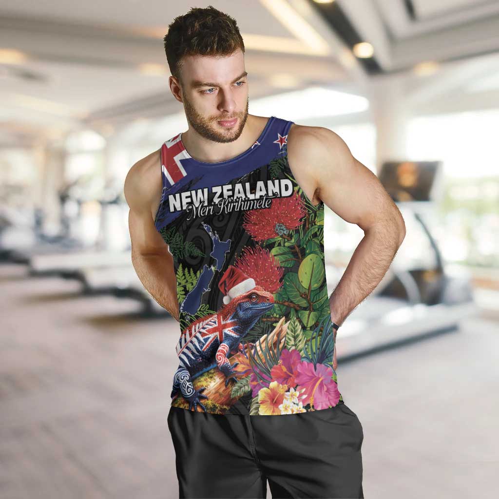 New Zealand Christmas Men Tank Top Meri Kirihimete-Tuatara and Pohutukawa Black Color LT03 Black - Polynesian Pride