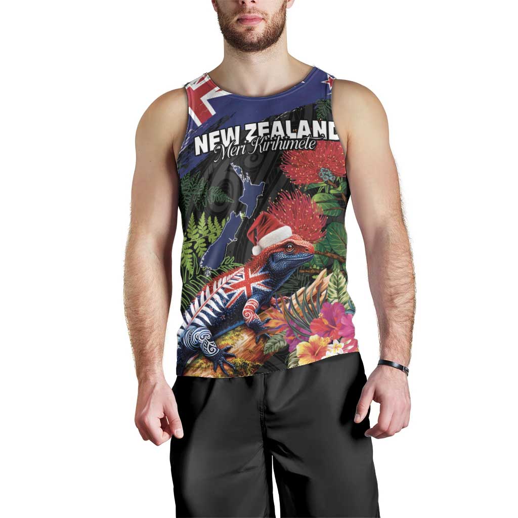 New Zealand Christmas Men Tank Top Meri Kirihimete-Tuatara and Pohutukawa Black Color LT03 - Polynesian Pride