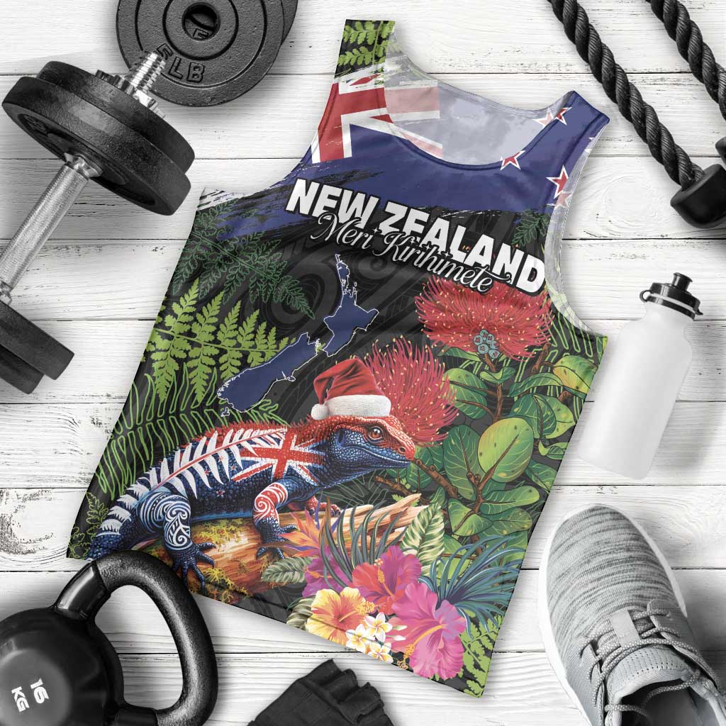 New Zealand Christmas Men Tank Top Meri Kirihimete-Tuatara and Pohutukawa Black Color LT03 - Polynesian Pride