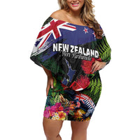 New Zealand Christmas Off Shoulder Short Dress Meri Kirihimete-Tuatara and Pohutukawa Black Color LT03 Women Black - Polynesian Pride