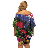 New Zealand Christmas Off Shoulder Short Dress Meri Kirihimete-Tuatara and Pohutukawa Black Color LT03 - Polynesian Pride