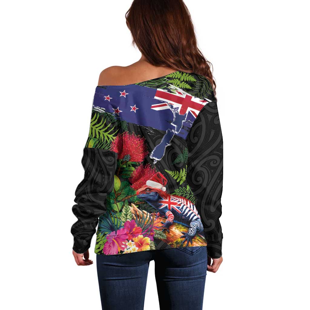 New Zealand Christmas Off Shoulder Sweater Meri Kirihimete-Tuatara and Pohutukawa Black Color LT03 - Polynesian Pride