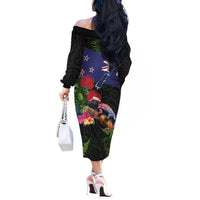 New Zealand Christmas Off The Shoulder Long Sleeve Dress Meri Kirihimete-Tuatara and Pohutukawa Black Color LT03 - Polynesian Pride