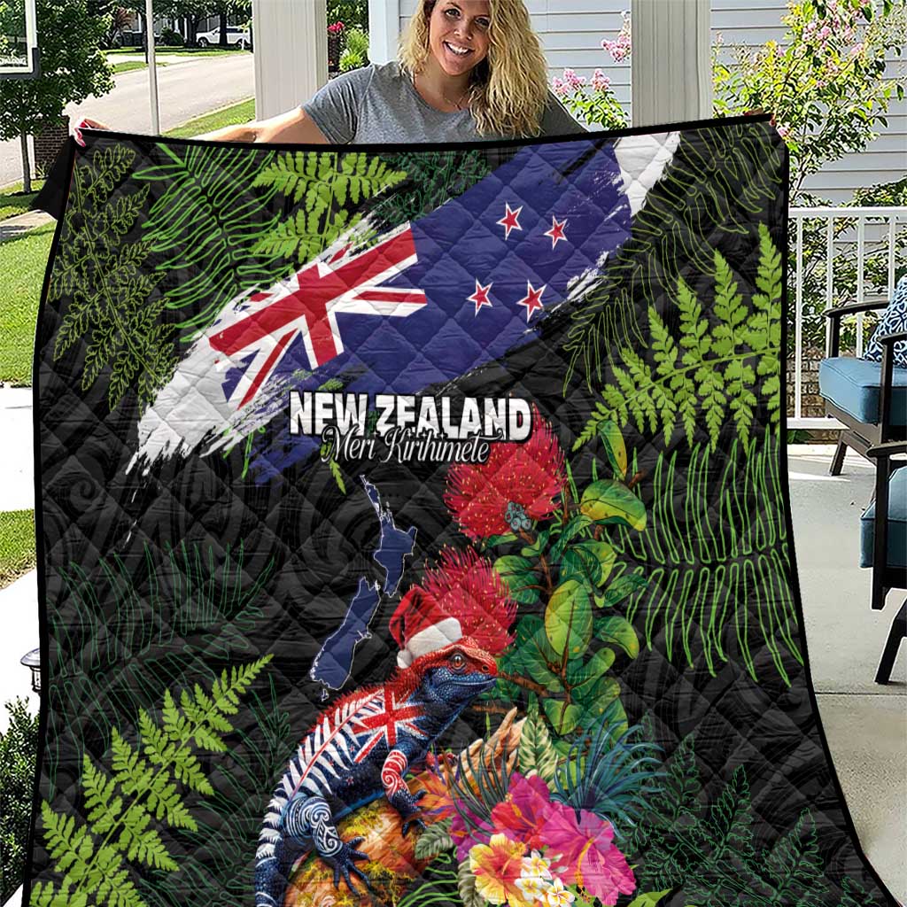 New Zealand Christmas Quilt Meri Kirihimete-Tuatara and Pohutukawa Black Color LT03 Black - Polynesian Pride
