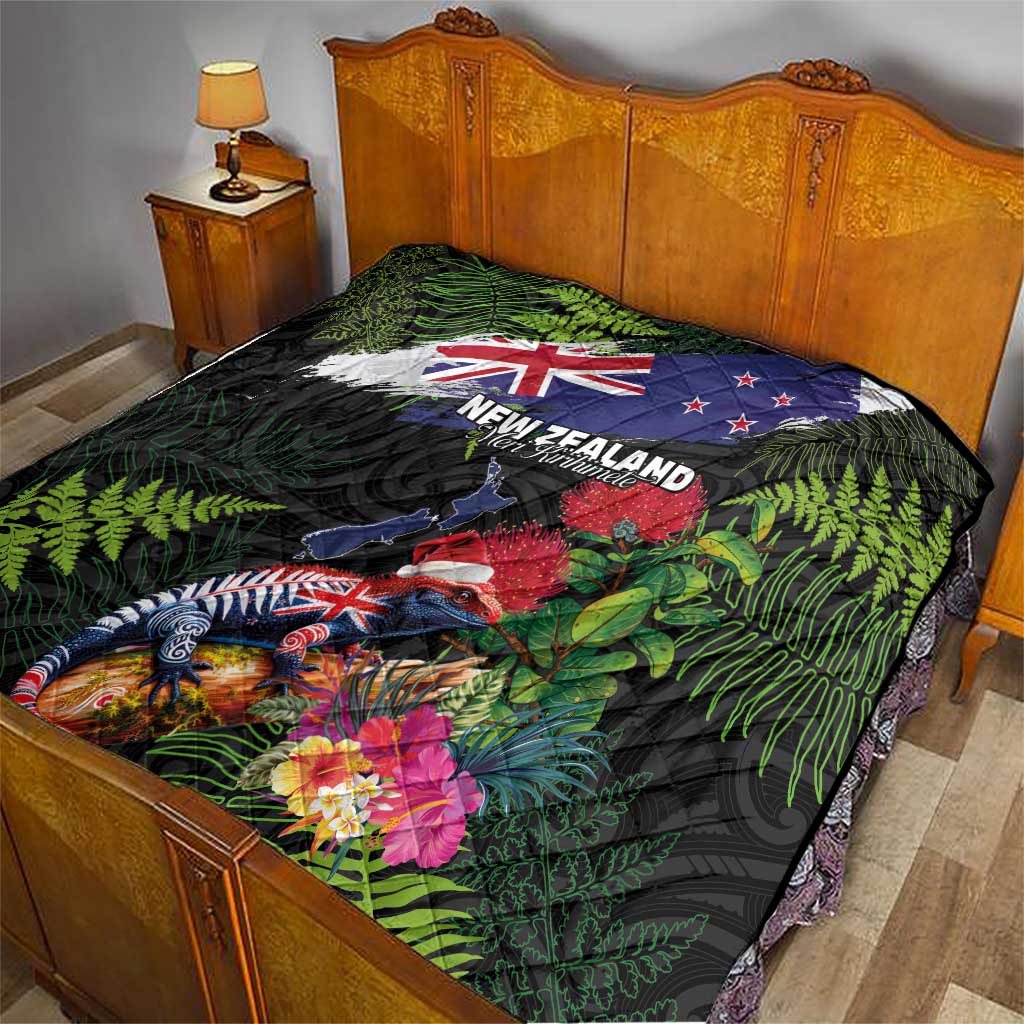 New Zealand Christmas Quilt Meri Kirihimete-Tuatara and Pohutukawa Black Color LT03 - Polynesian Pride