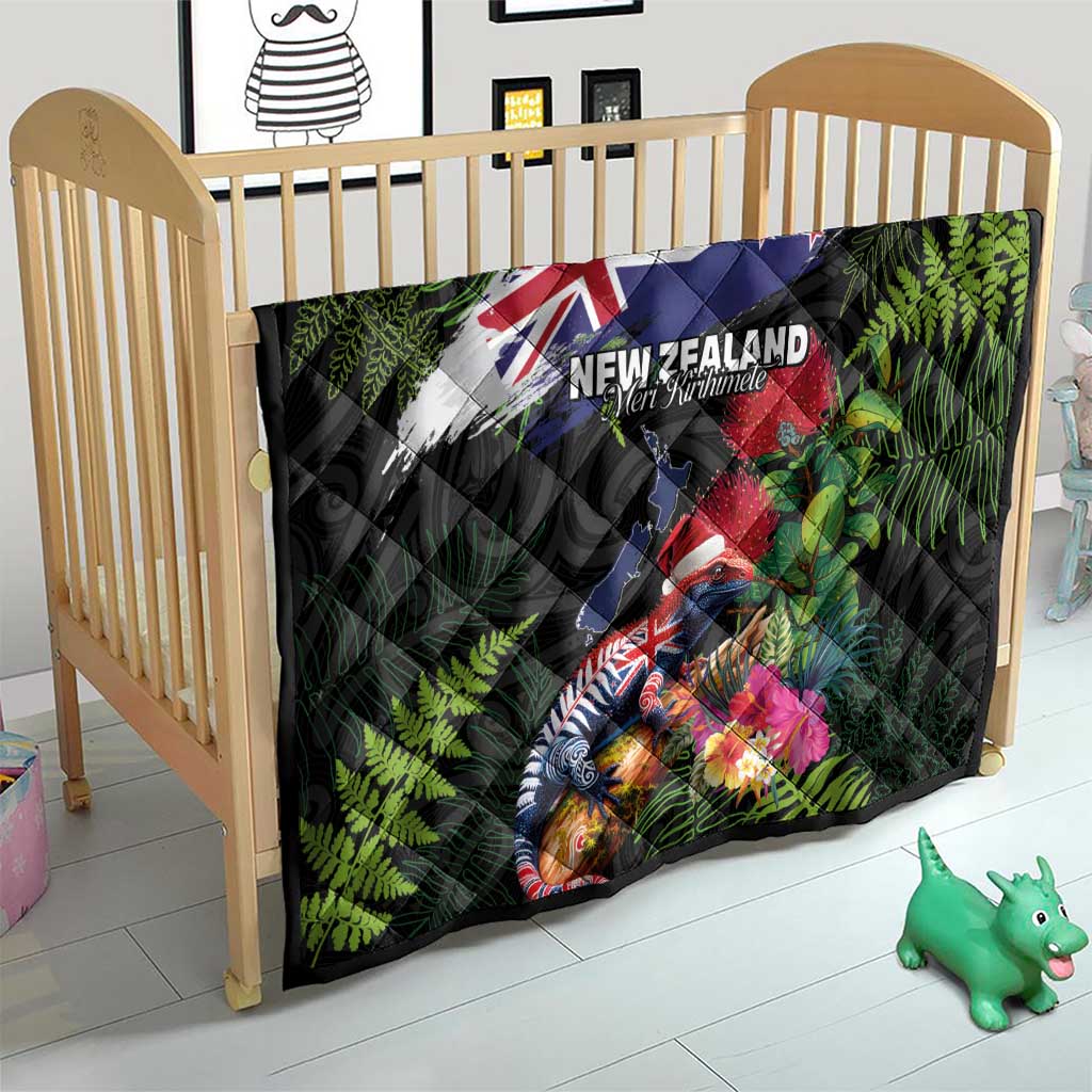 New Zealand Christmas Quilt Meri Kirihimete-Tuatara and Pohutukawa Black Color LT03 - Polynesian Pride