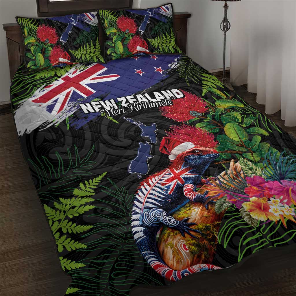 New Zealand Christmas Quilt Bed Set Meri Kirihimete-Tuatara and Pohutukawa Black Color LT03 Black - Polynesian Pride