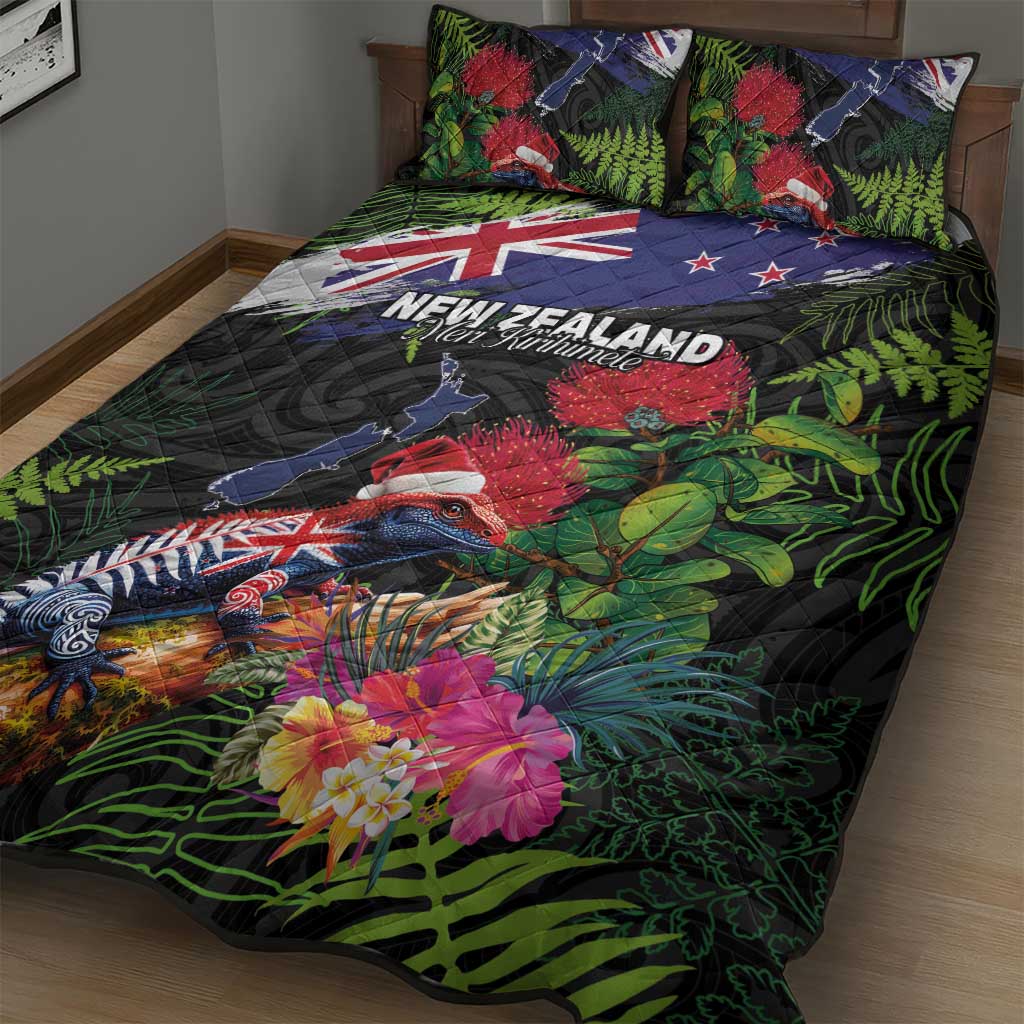New Zealand Christmas Quilt Bed Set Meri Kirihimete-Tuatara and Pohutukawa Black Color LT03 - Polynesian Pride