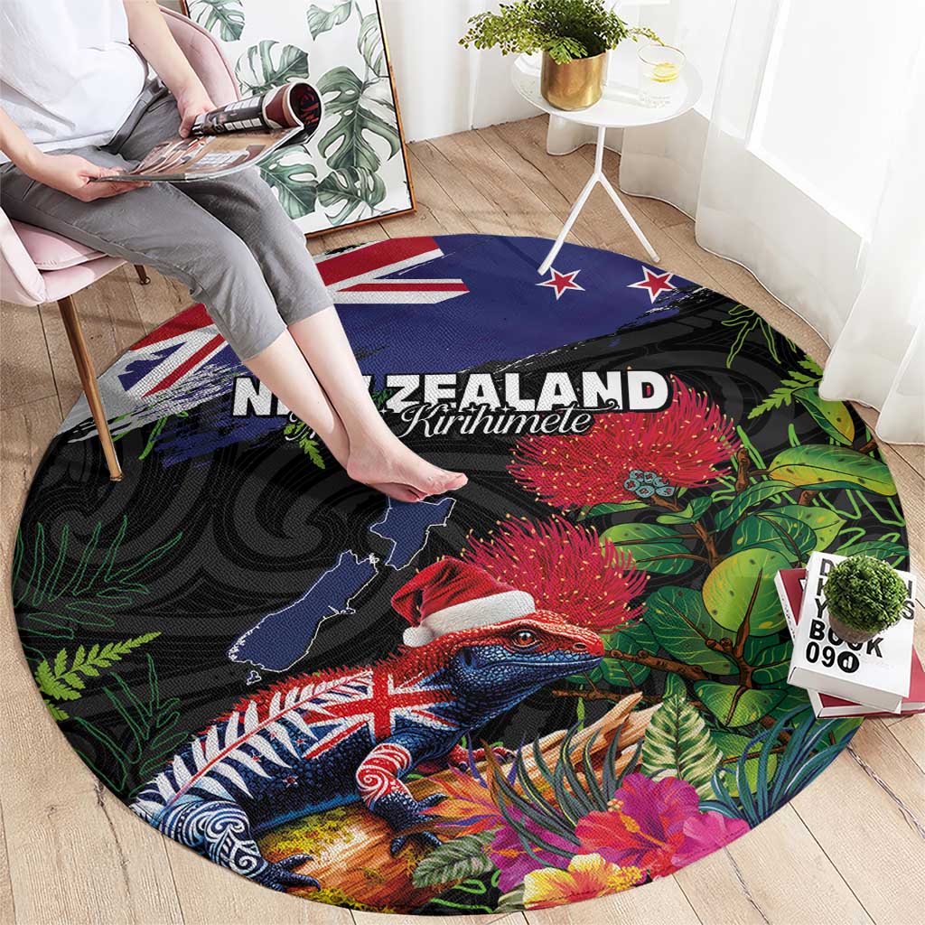 New Zealand Christmas Round Carpet Meri Kirihimete-Tuatara and Pohutukawa Black Color LT03 - Polynesian Pride