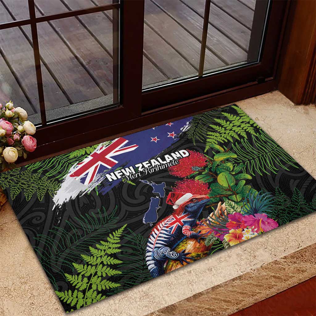 New Zealand Christmas Rubber Doormat Meri Kirihimete-Tuatara and Pohutukawa Black Color LT03 - Polynesian Pride