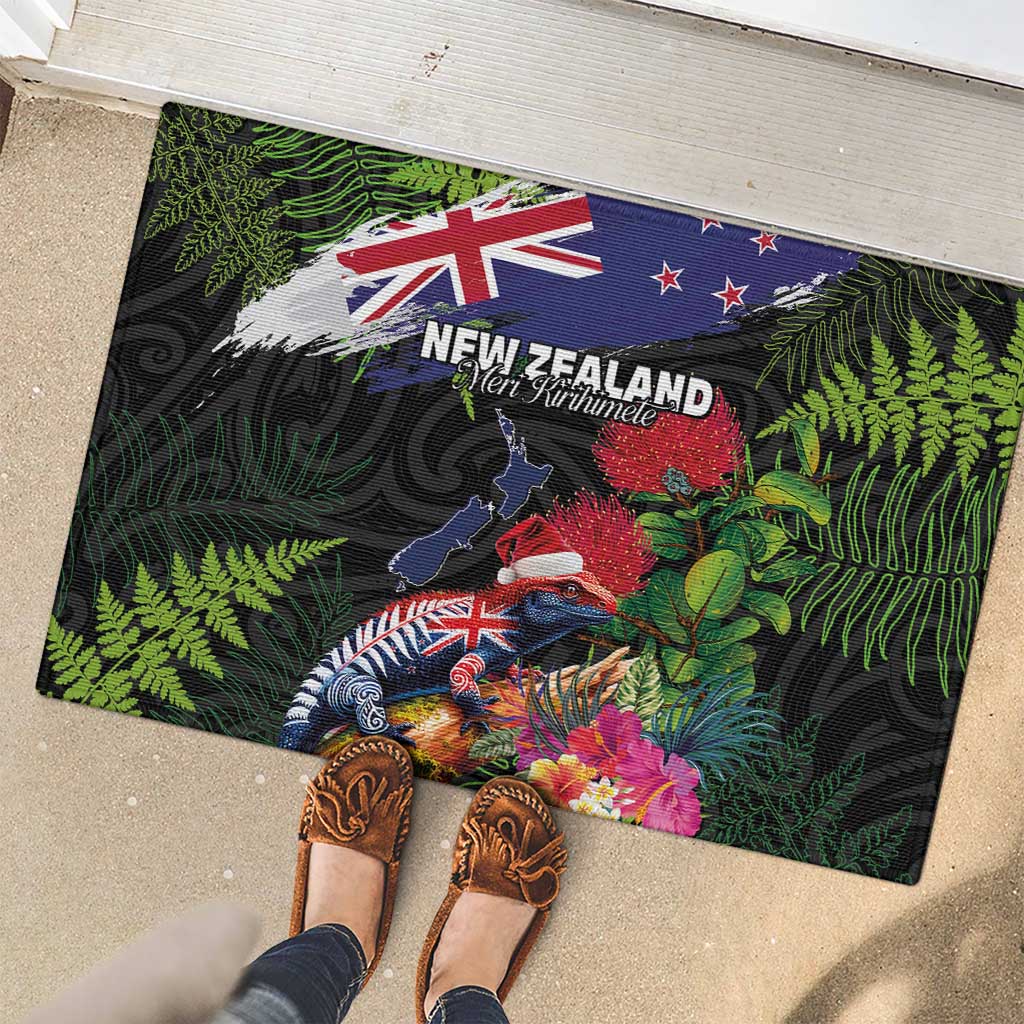 New Zealand Christmas Rubber Doormat Meri Kirihimete-Tuatara and Pohutukawa Black Color LT03 - Polynesian Pride