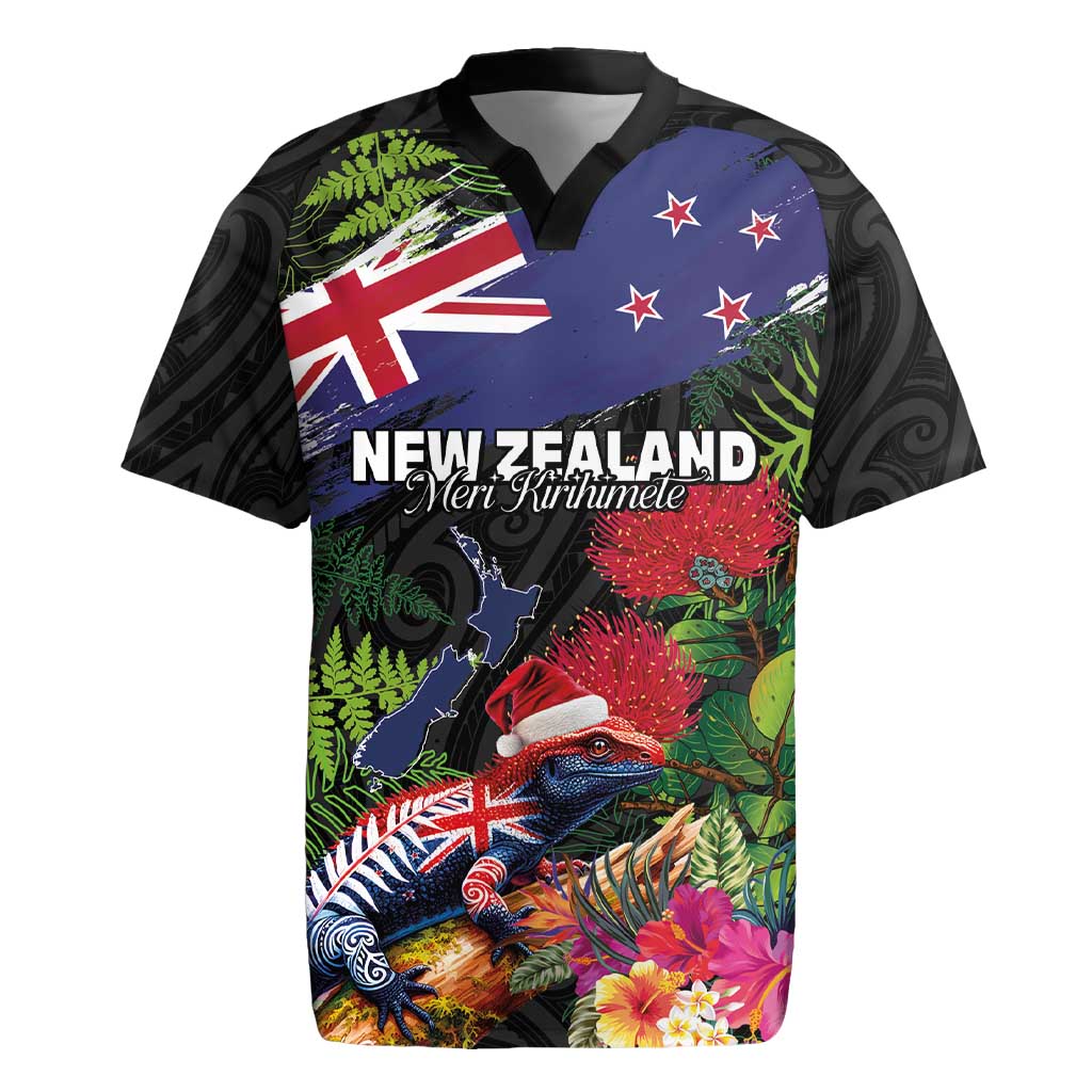 New Zealand Christmas Rugby Jersey Meri Kirihimete-Tuatara and Pohutukawa Black Color LT03 Black - Polynesian Pride