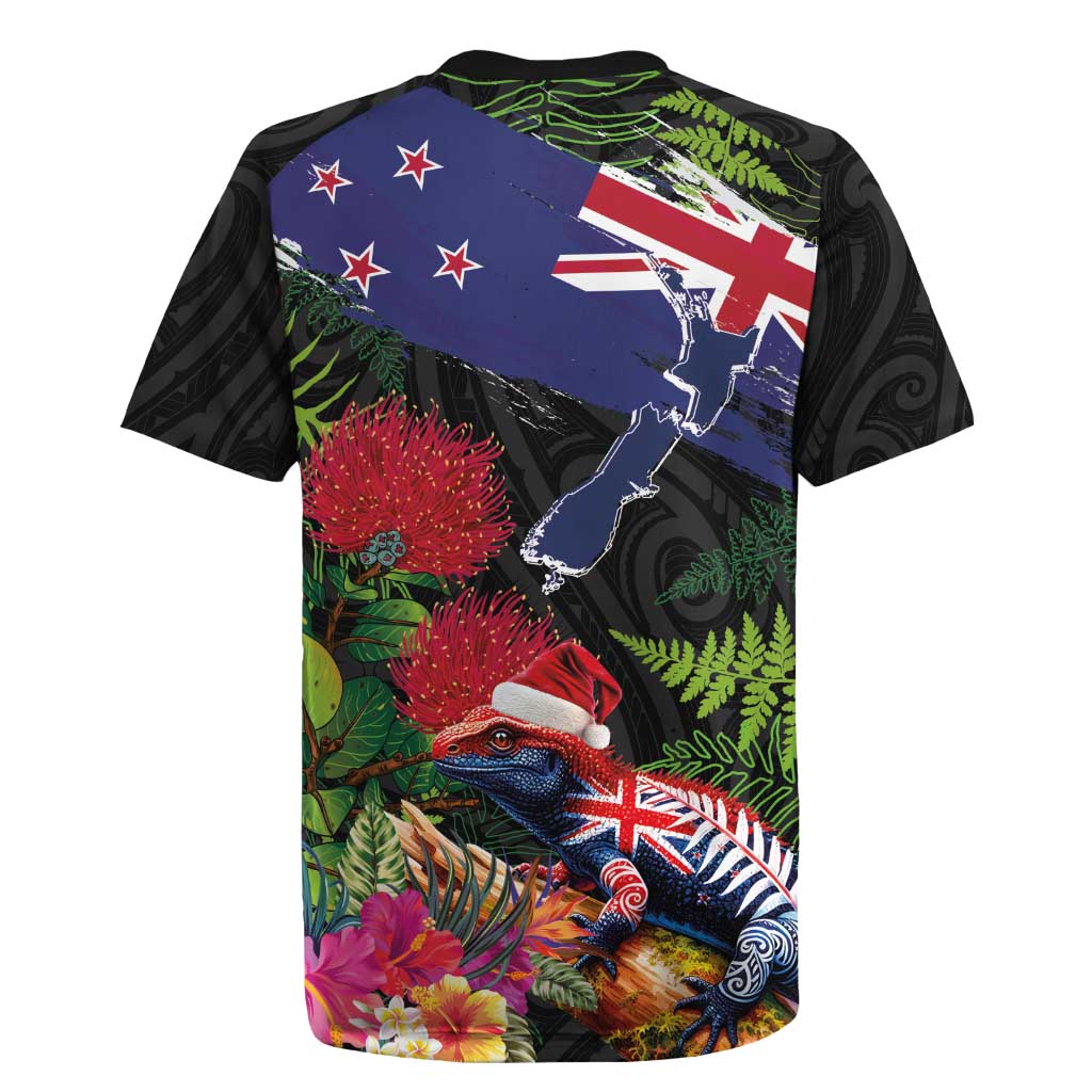 New Zealand Christmas Rugby Jersey Meri Kirihimete-Tuatara and Pohutukawa Black Color LT03 - Polynesian Pride