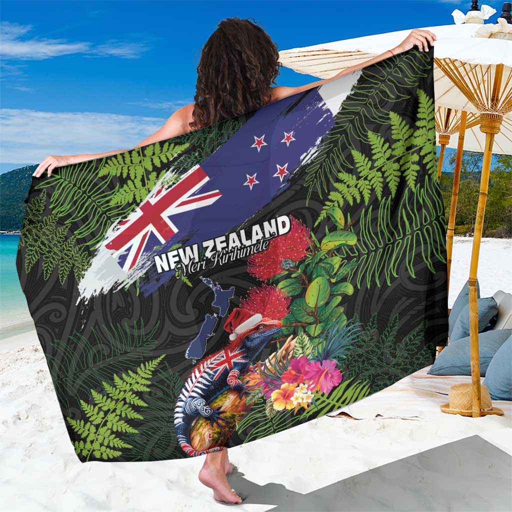 New Zealand Christmas Sarong Meri Kirihimete-Tuatara and Pohutukawa Black Color LT03 One Size 44 x 66 inches Black - Polynesian Pride