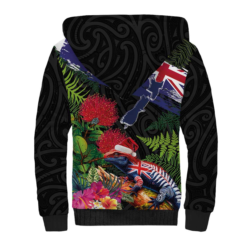 New Zealand Christmas Sherpa Hoodie Meri Kirihimete-Tuatara and Pohutukawa Black Color LT03 - Polynesian Pride