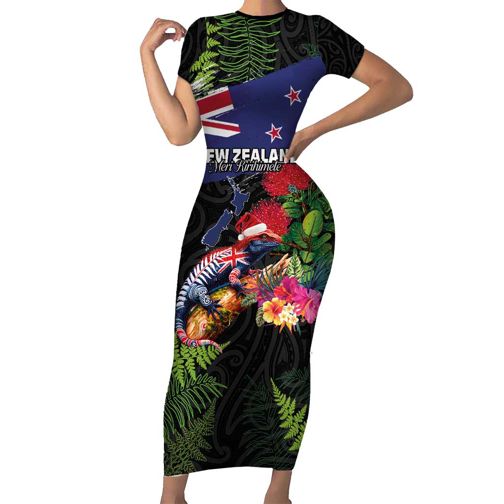 New Zealand Christmas Short Sleeve Bodycon Dress Meri Kirihimete-Tuatara and Pohutukawa Black Color LT03 Long Dress Black - Polynesian Pride