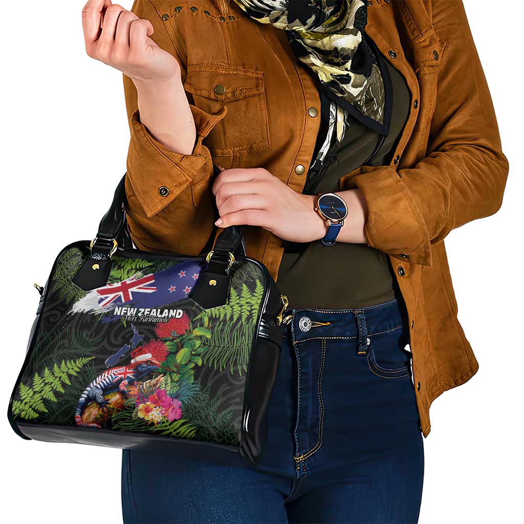 New Zealand Christmas Shoulder Handbag Meri Kirihimete-Tuatara and Pohutukawa Black Color