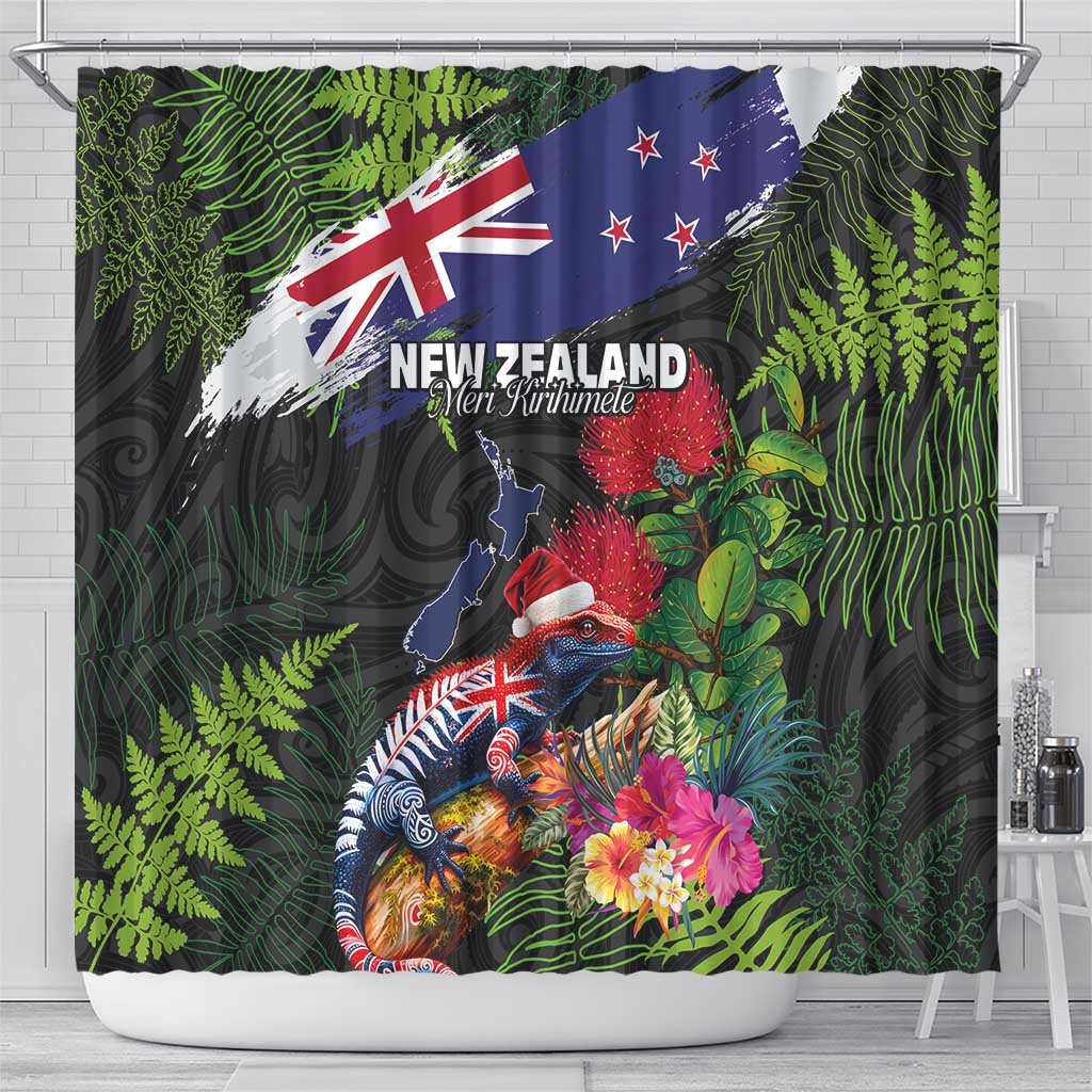 New Zealand Christmas Shower Curtain Meri Kirihimete-Tuatara and Pohutukawa Black Color LT03 - Polynesian Pride