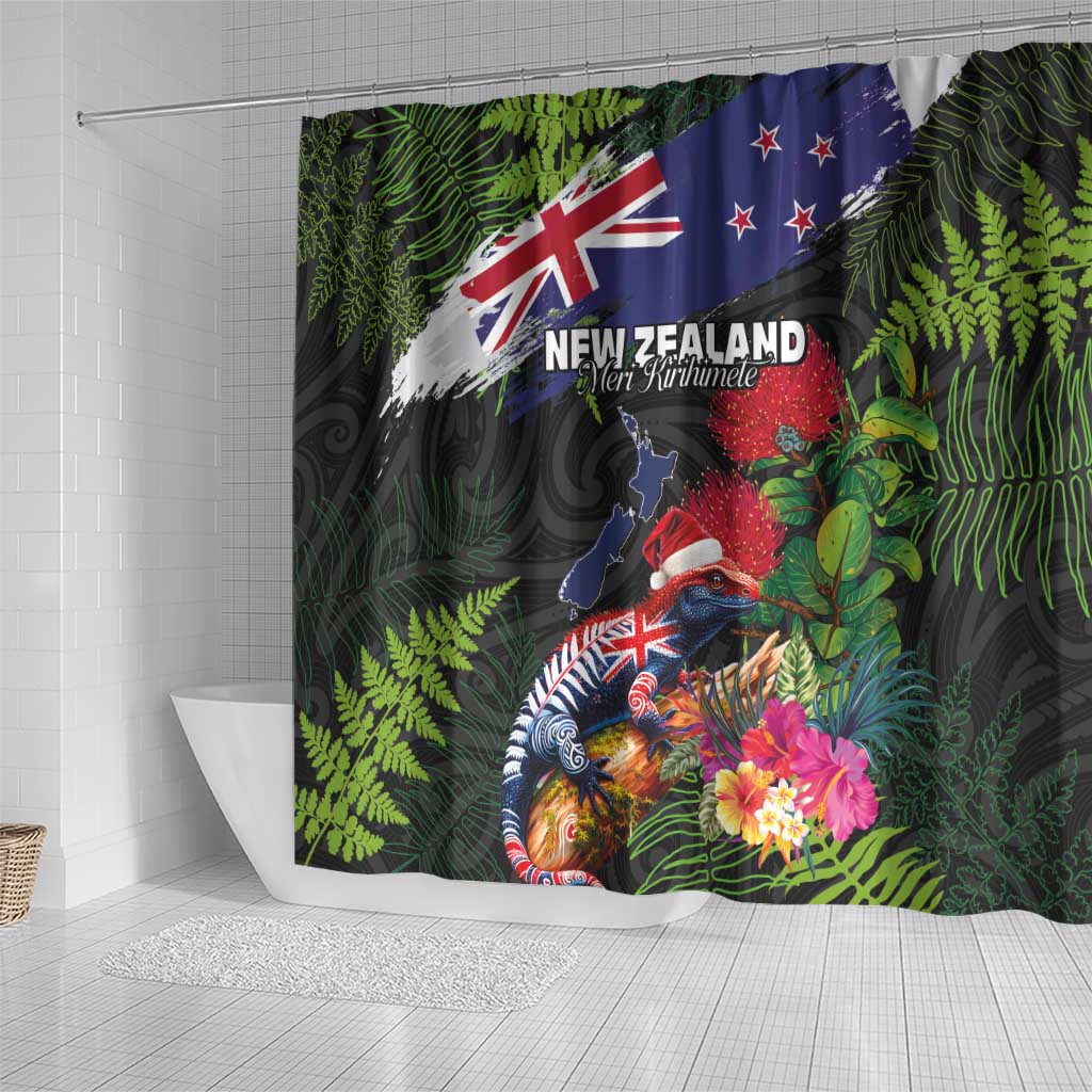 New Zealand Christmas Shower Curtain Meri Kirihimete-Tuatara and Pohutukawa Black Color LT03 - Polynesian Pride